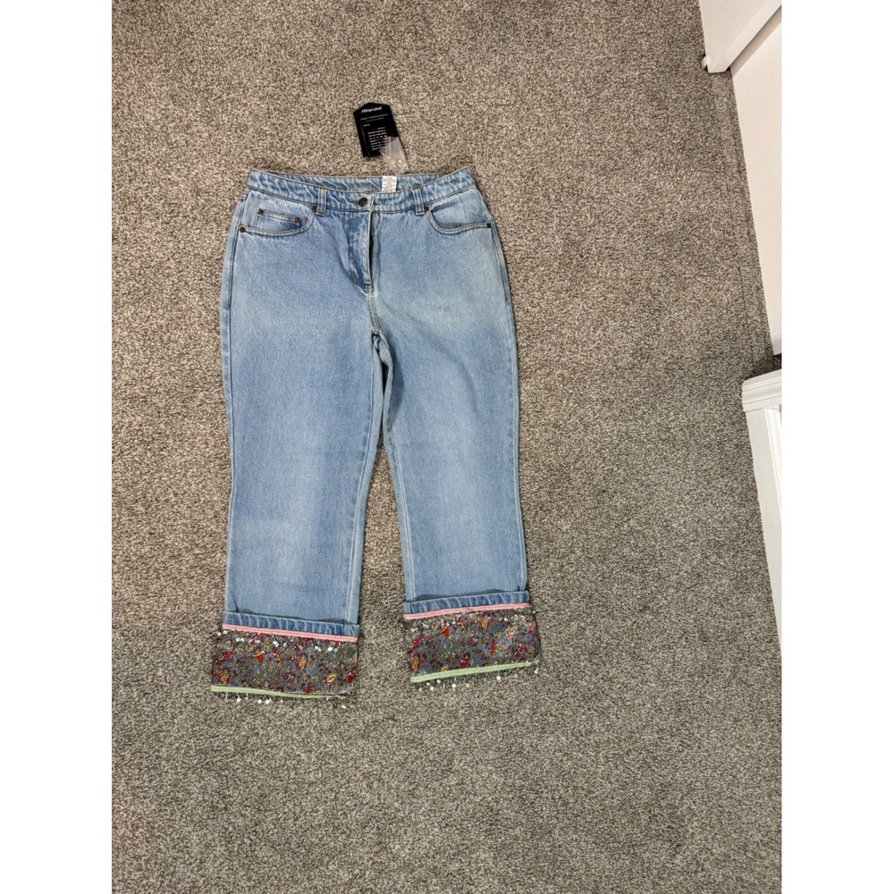 New Jeanology Collection Women Y2K Floral Beaded Cuff Crop Jeans Size 10